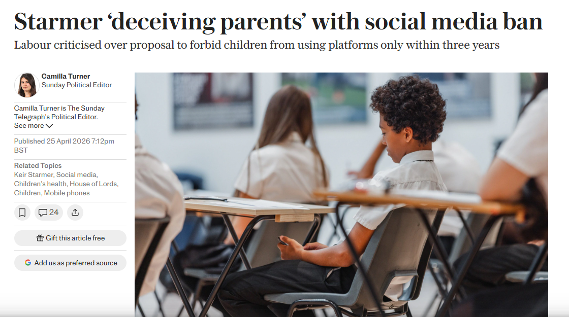 The Telegraph reports concern over delay to children’s social media ban.