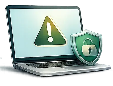 A laptop with a padlock and a warning sign, indicating a security alert or potential threat to the device