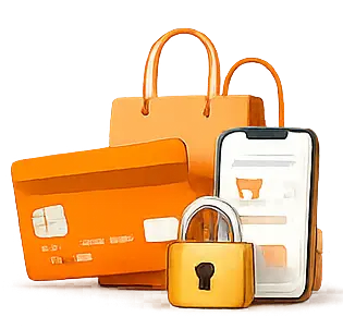 An orange bag, a credit card, and a smartphone displaying a padlock symbol, indicating security